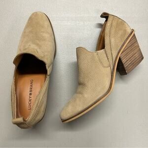 Lucky Brand Leather Bootie Vennia Tan Heel Ankle Boot Closed Toe Womens Size 8.5